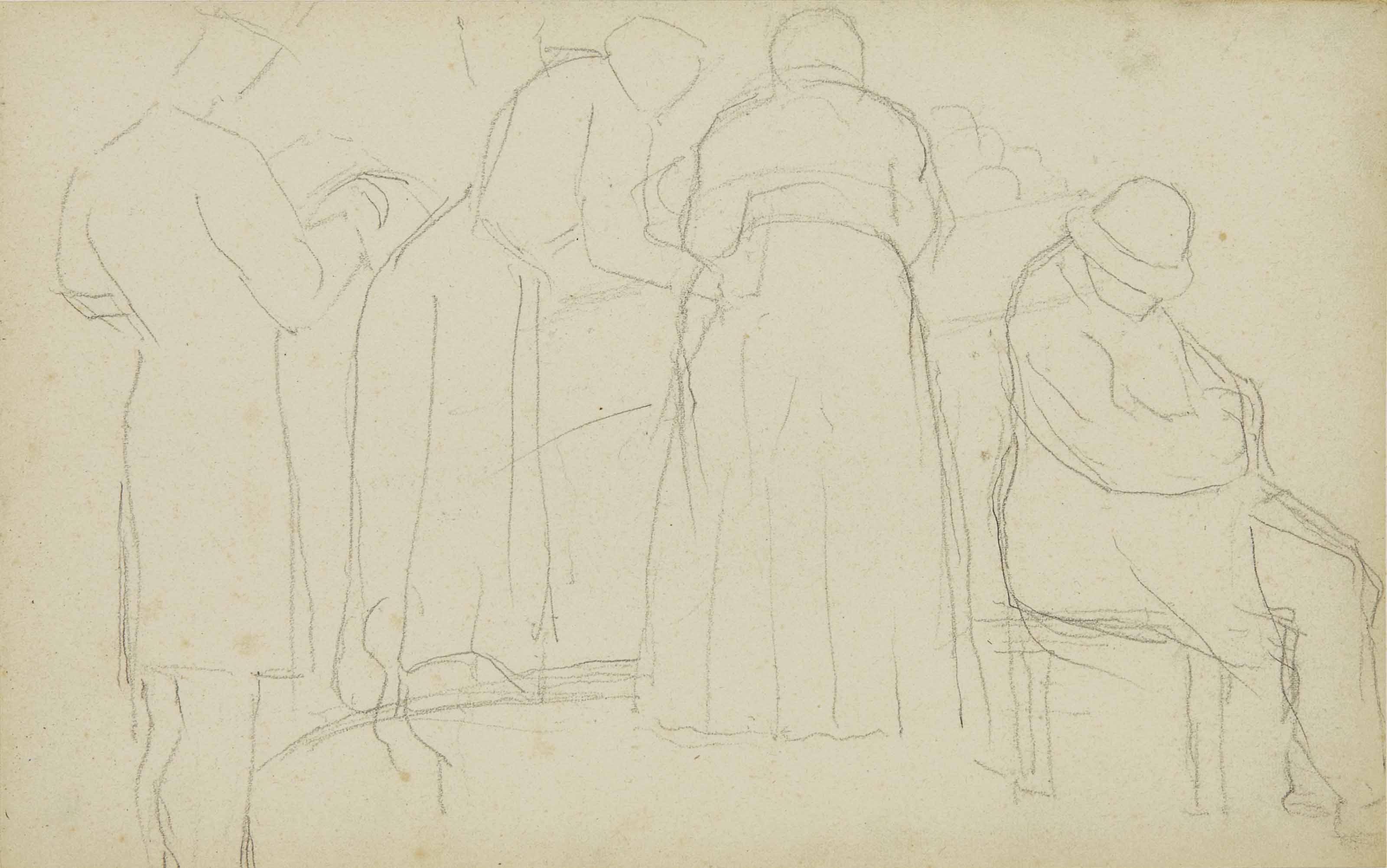 Georges Seurat - Homme assoupi, un autre debout lisant, deux femmes (planche issue du Carnet de Brest)