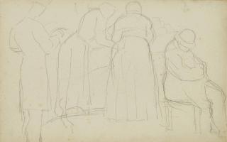 Georges Seurat - Homme assoupi, un autre debout lisant, deux femmes (planche issue du Carnet de Brest)