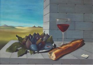 Georges Spiro - Assiette de figues, verre de vin et baguette sur un entablement