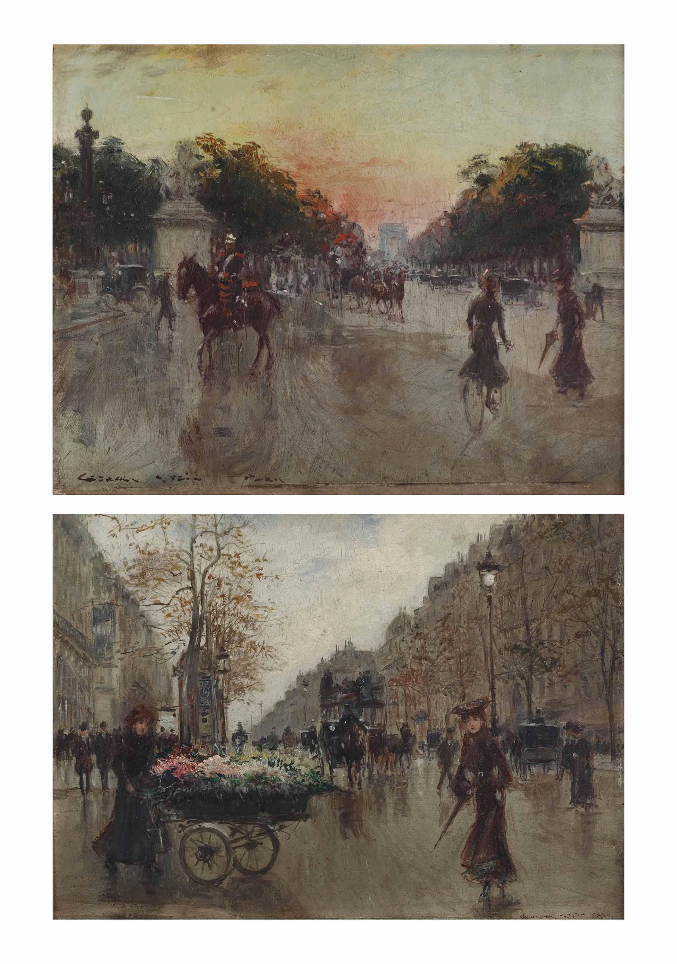 Georges Stein - Carriages on the Champs-Elysées, Paris; and A flower seller on the Grands Boulevards, Paris