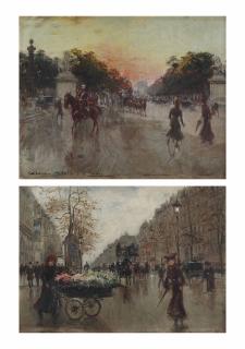 Georges Stein - Carriages on the Champs-Elysées, Paris; and A flower seller on the Grands Boulevards, Paris