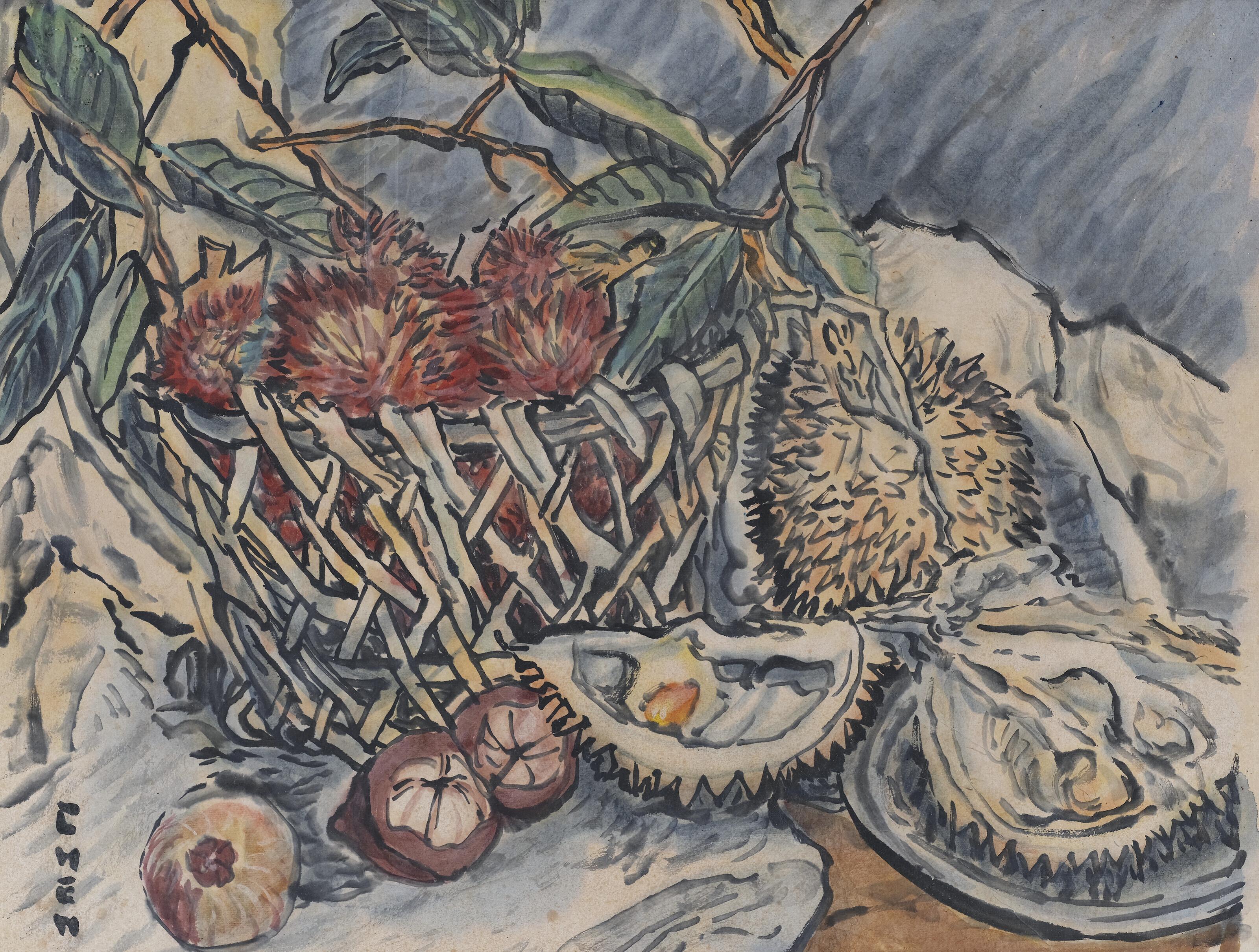 Georgette Chen - Still Life with Durians, Mangosteens and Rambutans