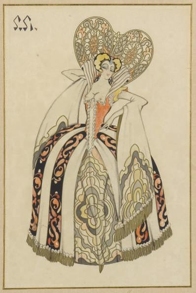 Georgii Anatol\'Evich Pozhedaev - Projet de costume, personnage féminin, le bras droit relevé derrière la tête