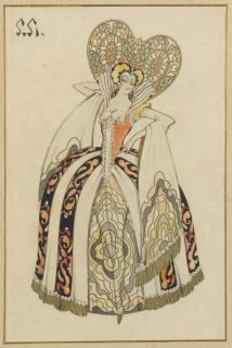 Georgii Anatol\'Evich Pozhedaev - Projet de costume, personnage féminin, le bras droit relevé derrière la tête