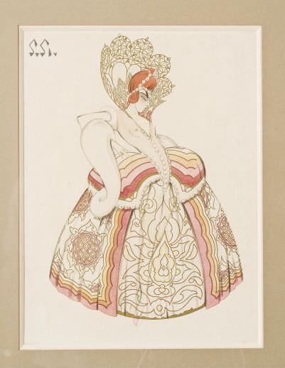 Georgii Anatol\'Evich Pozhedaev - Projet de costume, personnage féminin, les mains sur les hanches, une fourrure sur le bras droit