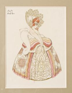 Georgii Anatol\'Evich Pozhedaev - Projet de costume, personnage féminin, les mains sur les hanches, une fourrure sur le bras droit