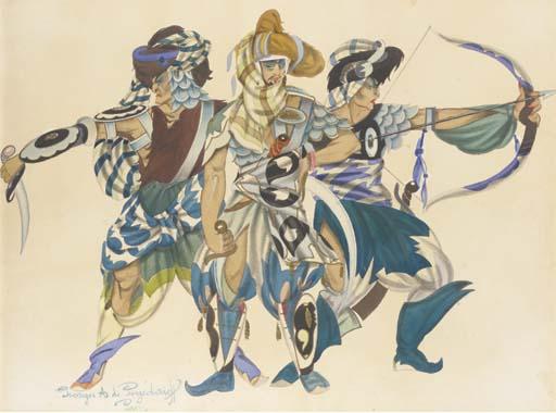 Georgii Anatol\'Evich Pozhedaev - Theatrical design depicting warriors (Prince Igor - Polovtsians warriors)