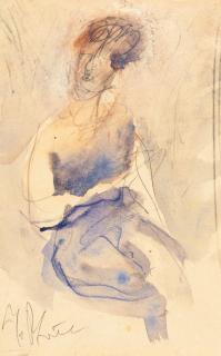 Georgios Bouzianis - 2 Bll.: Sitzende Dame (mit violettem Kleid) – „Sitzende Frau“ (mit rotem Haar, verschränkte Arme)