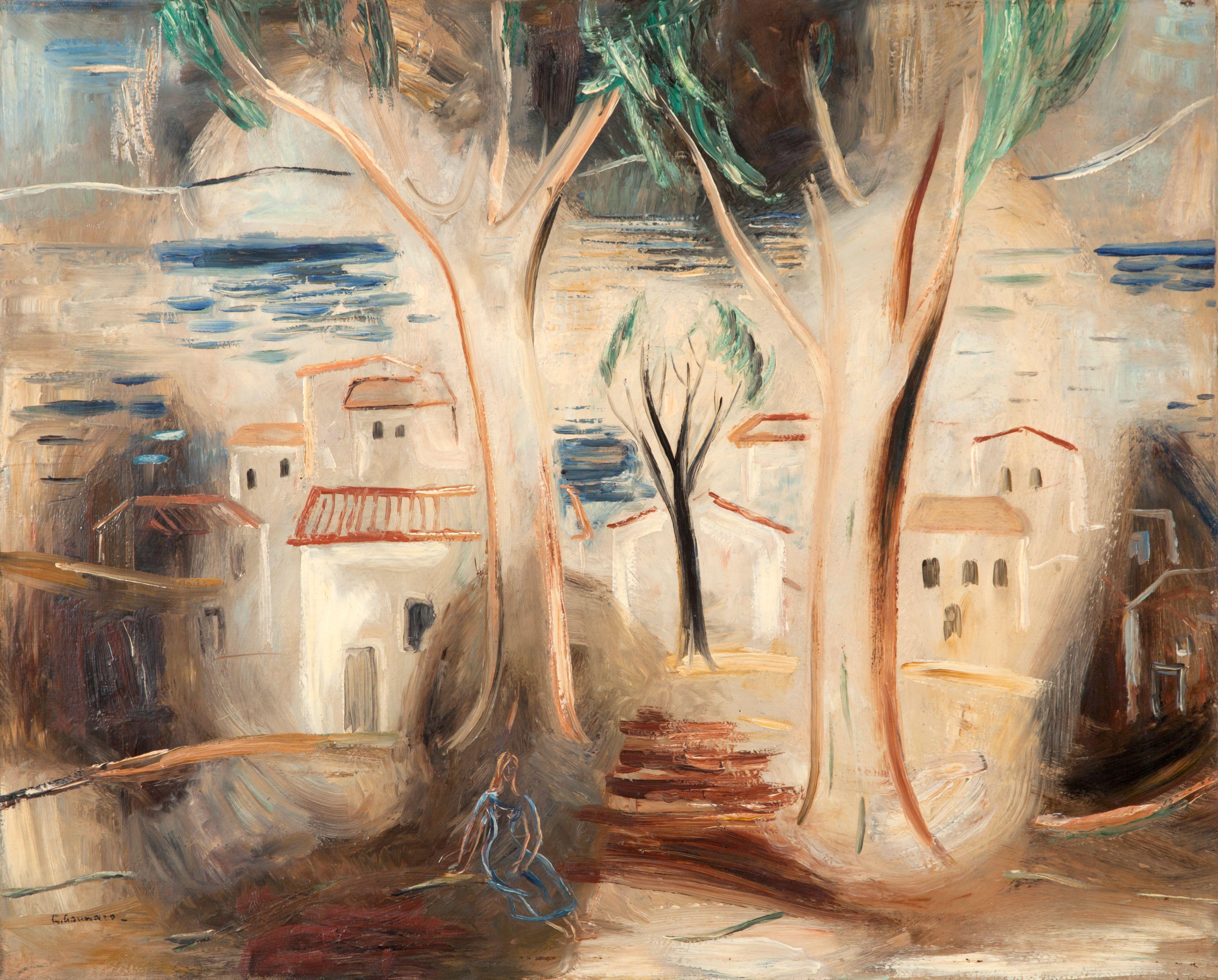 Georgios Gounaropoulos - Femme en bleu, derrière elle un village en bord de mer