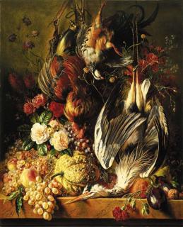 Georgius Jacobus Johannes Van Os - A still life of a heron, a cockerel, a partridge, grapes, a melon and flowers on a ledge