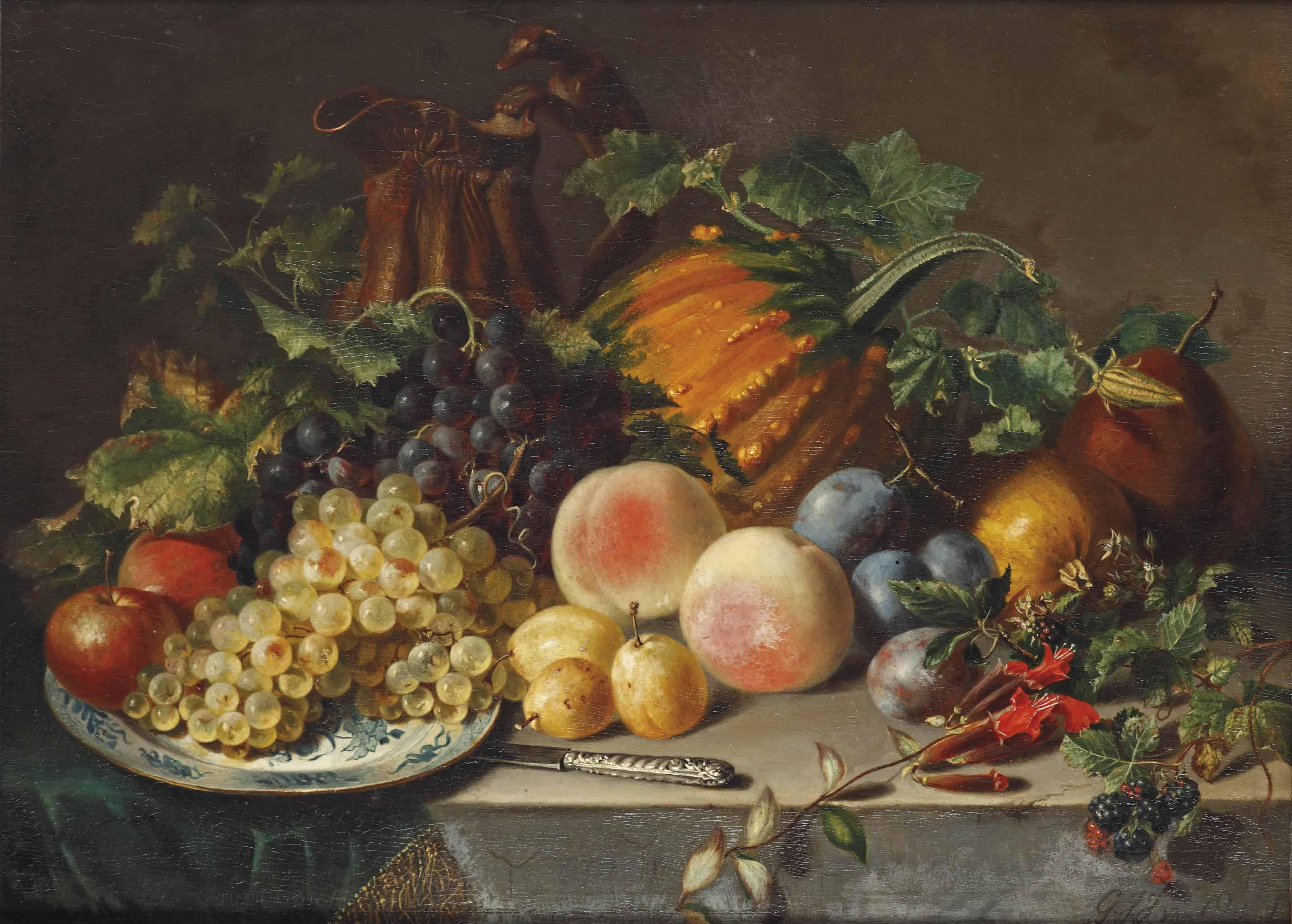 Georgius Jacobus Johannes Van Os - An Abundant Fruit Still Life With Grapes, Apples, Peaches, Prunes And A Pumpkin