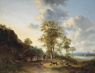 Georgius Jacobus Johannes Van Os - An Extensive River Landscape With Farmers And Cattle