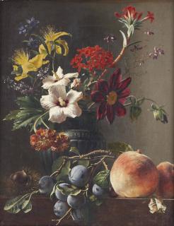 Georgius Jacobus Johannes Van Os - Bellflowers, Dahlias, Hypericum And Other Flowers In A Vase, With A Chestnut, Prunes And Peaches On A Ledge