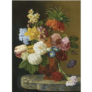 Georgius Jacobus Johannes Van Os - Dutch a Still Life With Roses, Peonies, Tulips, Daffodils, Carnations And Other Flowers In A Vase