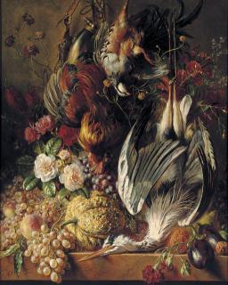 Georgius Jacobus Johannes Van Os - Flowers, fruits and poultry on a ledge