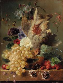 Georgius Jacobus Johannes Van Os - Grapes, strawberries, chestnuts, an apple and flowers with game on a marble ledge