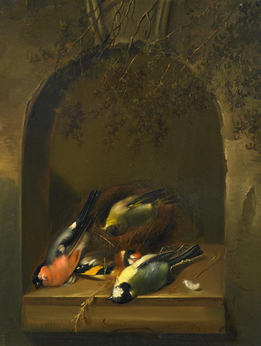 Georgius Jacobus Johannes van Os - Jagdstillleben mit erlegten Singvögeln in einer Fensternische.