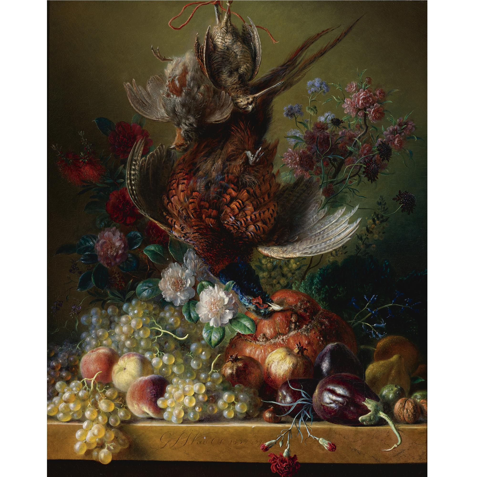 Georgius Jacobus Johannes van Os - Still Life Of Flowers And Fruit With A Bird