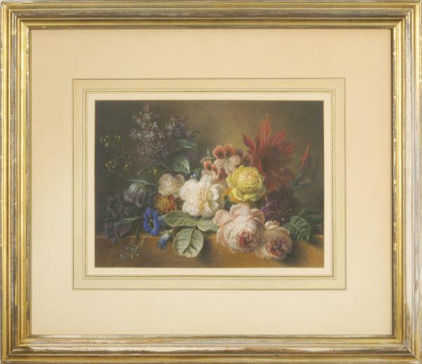 Georgius Jacobus Johannes Van Os - Still life of roses, lilacs and other flowers on a marble ledge