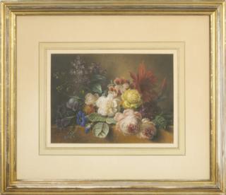 Georgius Jacobus Johannes Van Os - Still life of roses, lilacs and other flowers on a marble ledge