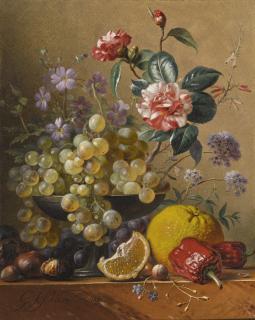 Georgius Jacobus Johannes Van Os - Still Life With A Camelia Spray, Cornflowers And Grapes In A Silver Bowl, With Nuts, An Orange And Red Peppers, All On A Marble Ledge