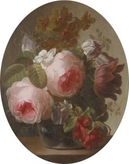 Georgius Jacobus Van Os - Roses, jasmine, a tulip and other flowers in a glass vase on a ledge