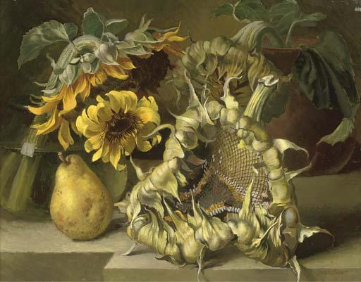 Gerald A. Cooper - A Pear And Sunflowers On A Stone Ledge