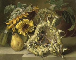 Gerald A. Cooper - A Pear And Sunflowers On A Stone Ledge