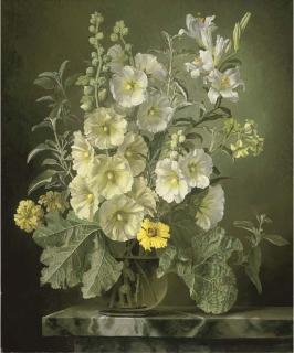 Gerald A. Cooper - Hollyhocks, Lilies And Tobacco Flowers In A Glass Vase On A Marble Ledge