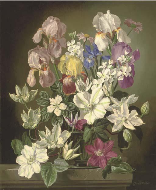 Gerald A. Cooper - Iris And Clematis In A Glass Vase
