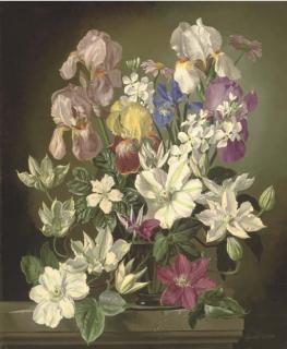 Gerald A. Cooper - Iris And Clematis In A Glass Vase