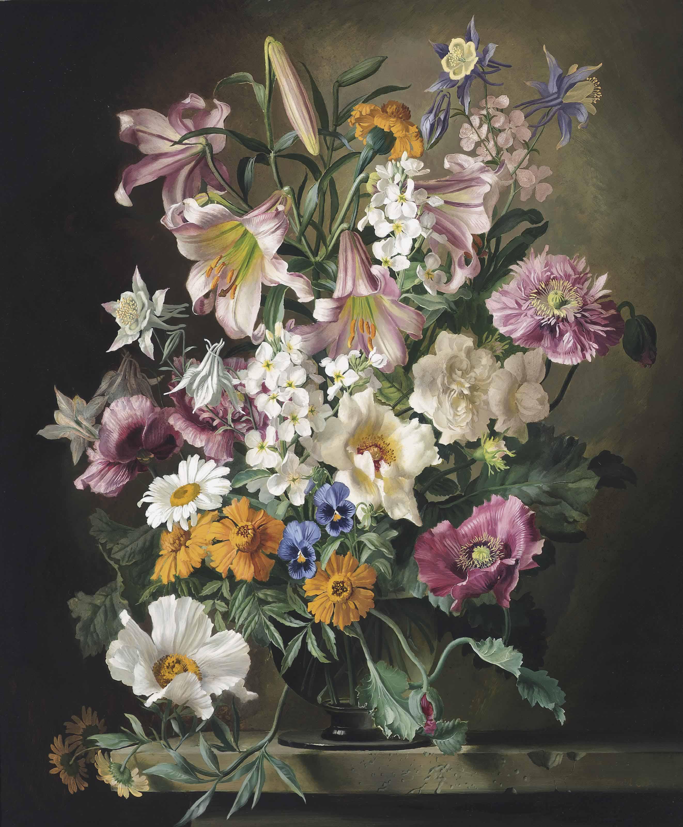 Gerald A. Cooper - Lilies, Aquilegias, Marigolds, Dog Roses And Other Summer Flowers In A Vase