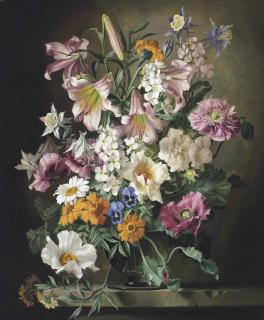 Gerald A. Cooper - Lilies, Aquilegias, Marigolds, Dog Roses And Other Summer Flowers In A Vase