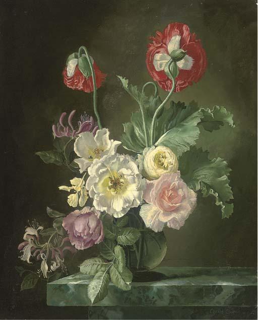 Gerald A. Cooper - Roses And Convolvulus In A Glass Vase On A Stone Ledge (Recto); And Figures Making A Bed (Verso)