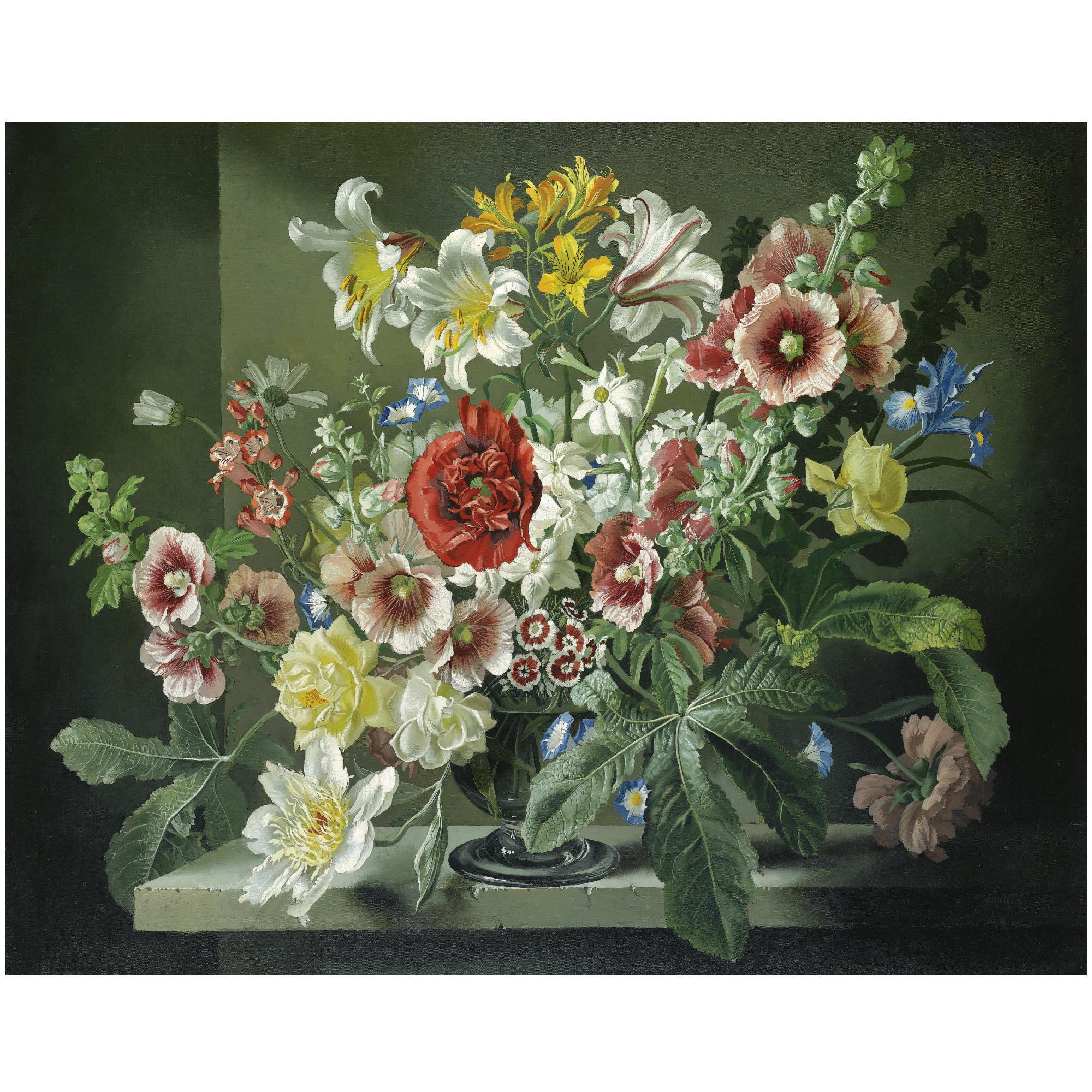 Gerald Cooper - British Iris, Sweet Williams And Other Flowers In A Silver Bowl On A Stone Ledge