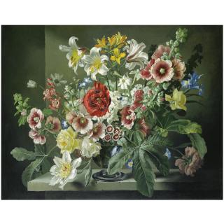 Gerald Cooper - British Iris, Sweet Williams And Other Flowers In A Silver Bowl On A Stone Ledge