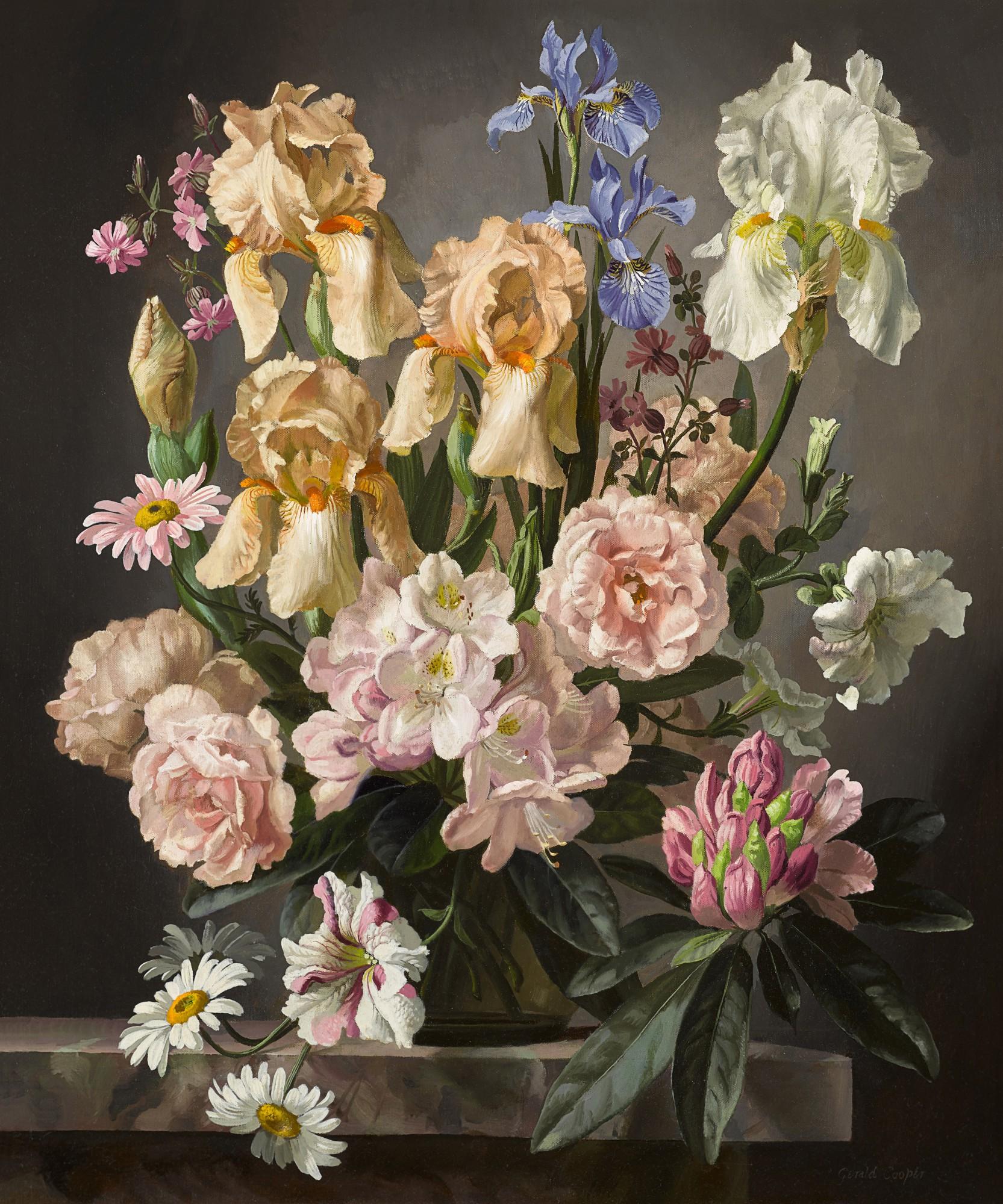 Gerald Cooper - Still Life with Irises, Rhododendrons and Peonies