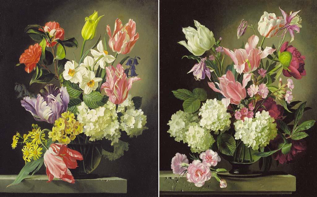 Gerald Cooper - Tulips, camellias and narcissi; and Tulips, viburnam and a peony