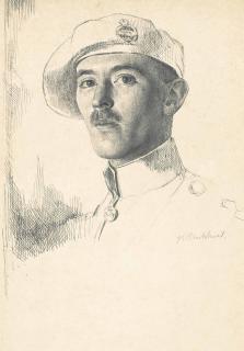 Gerald Leslie Brockhurst - Portrait of a gentleman, bust-length, in a high-collared uniform and a beret