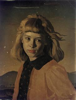 Gerald Leslie Brockhurst - Portrait of A Young Girl, Quarter-Length, In A Black Dress With Brown Cardigan, An Extensive Landscape Beyond