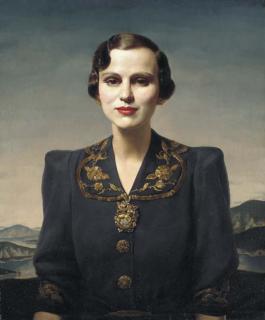 Gerald Leslie Brockhurst - Portrait of Margaret, Duchess of Argyll, Half-Length Before A Highland Landscape