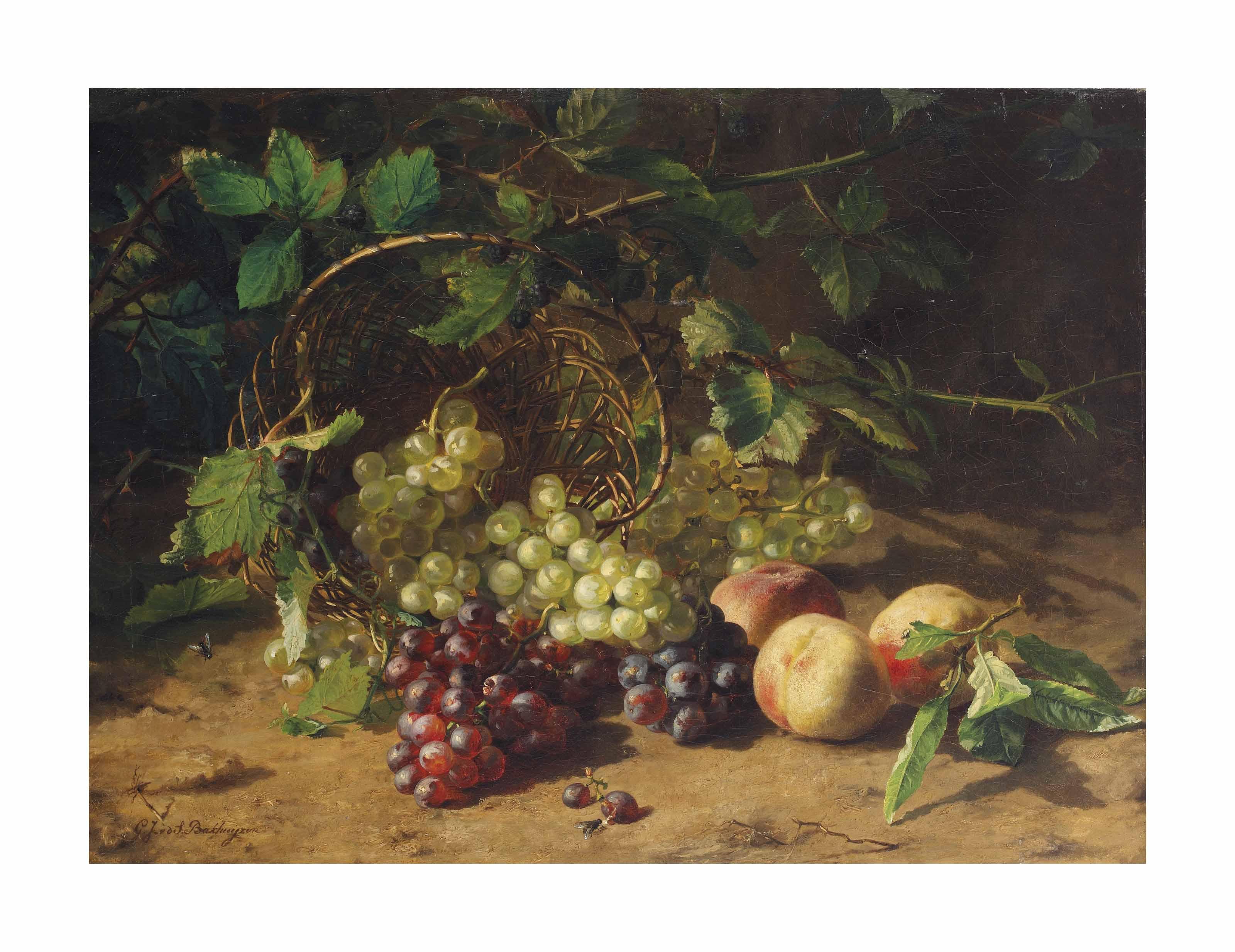 Geraldine Jacoba Van De Sande Bakhuyzen - Grapes and peaches on a forest floor