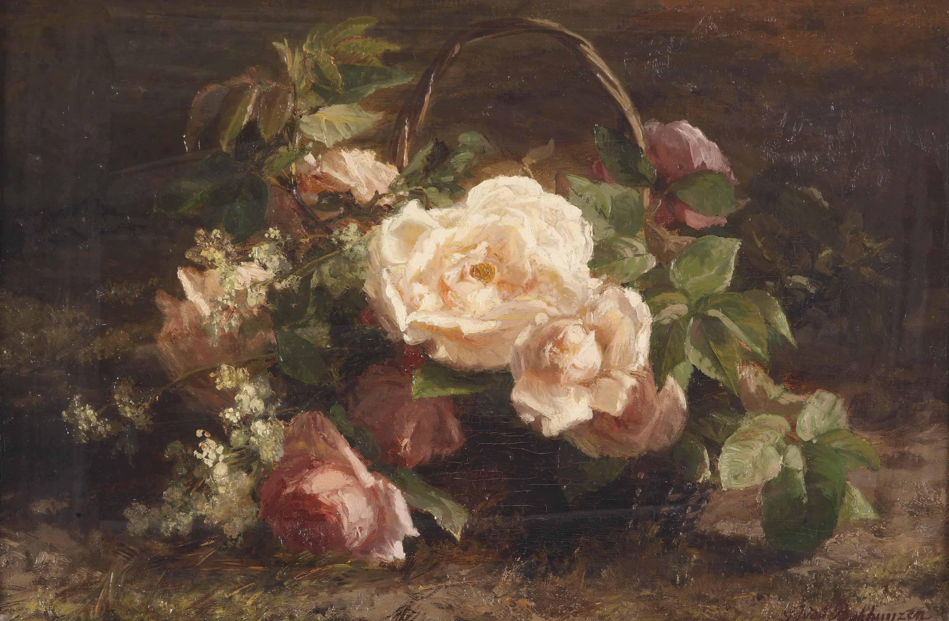 Geraldine Jacoba Van De Sande Bakhuyzen - Pink Roses In A Basket
