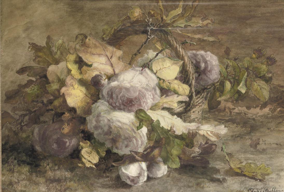 Geraldine Jacoba van de Sande Bakhuyzen - Roses in a basket on a forest floor