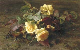 Geraldine Jacoba van de Sande Bakhuyzen - Yellow roses and elderberries on a forest floor