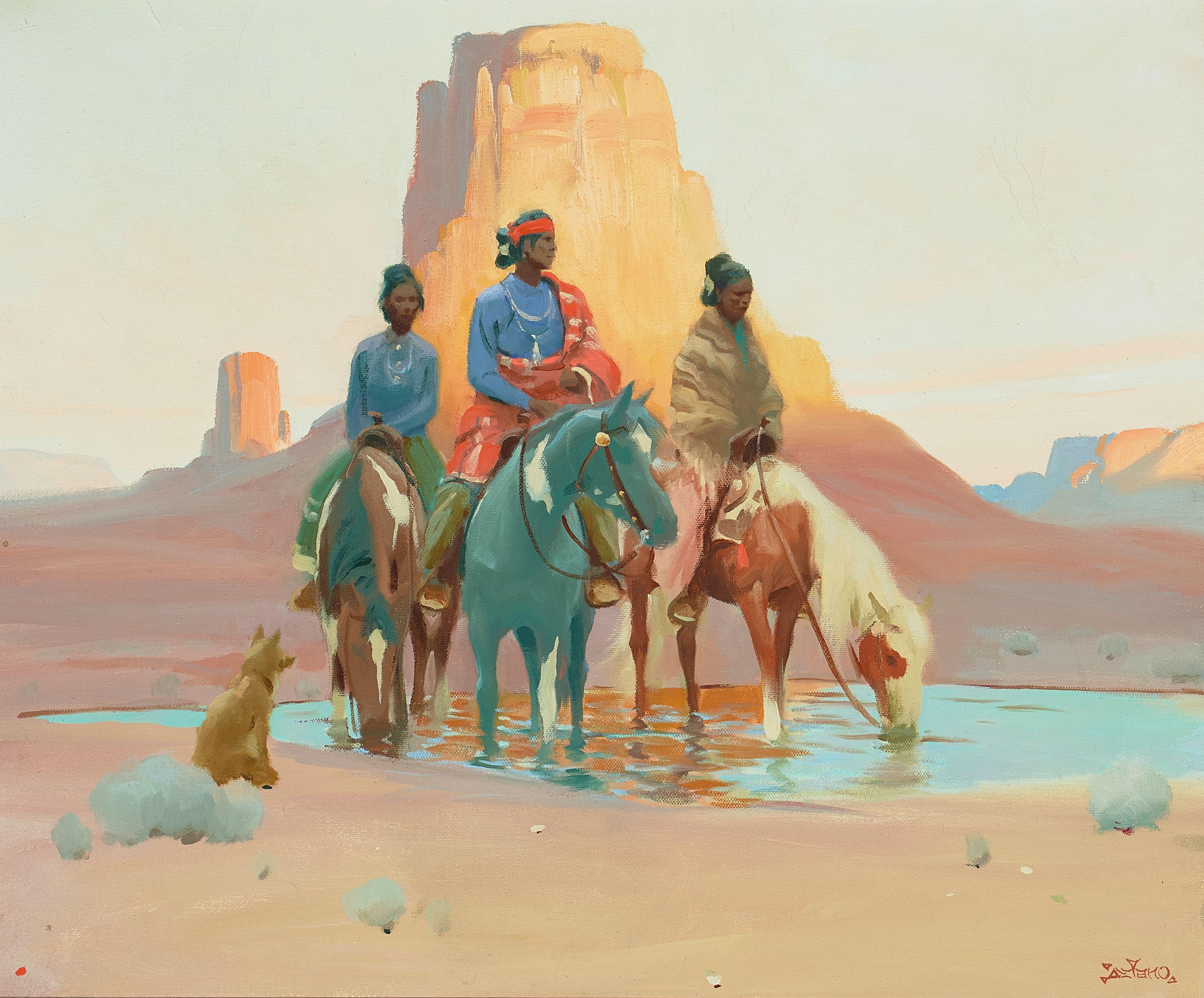 Gerard Curtis Delano - Navajos at a Waterhole 18 x 22 in. framed 25 1/2 x 29 1/2 in.