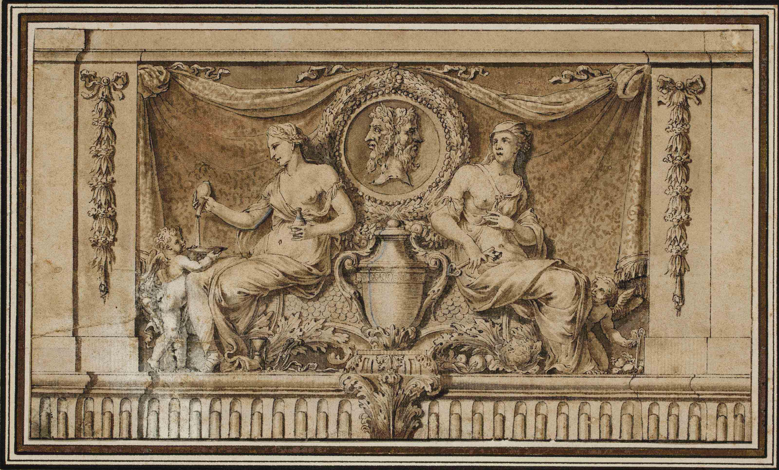 Gerard De Lairesse - Panneau décoratif: Deux femmes assises autour d\'un vase