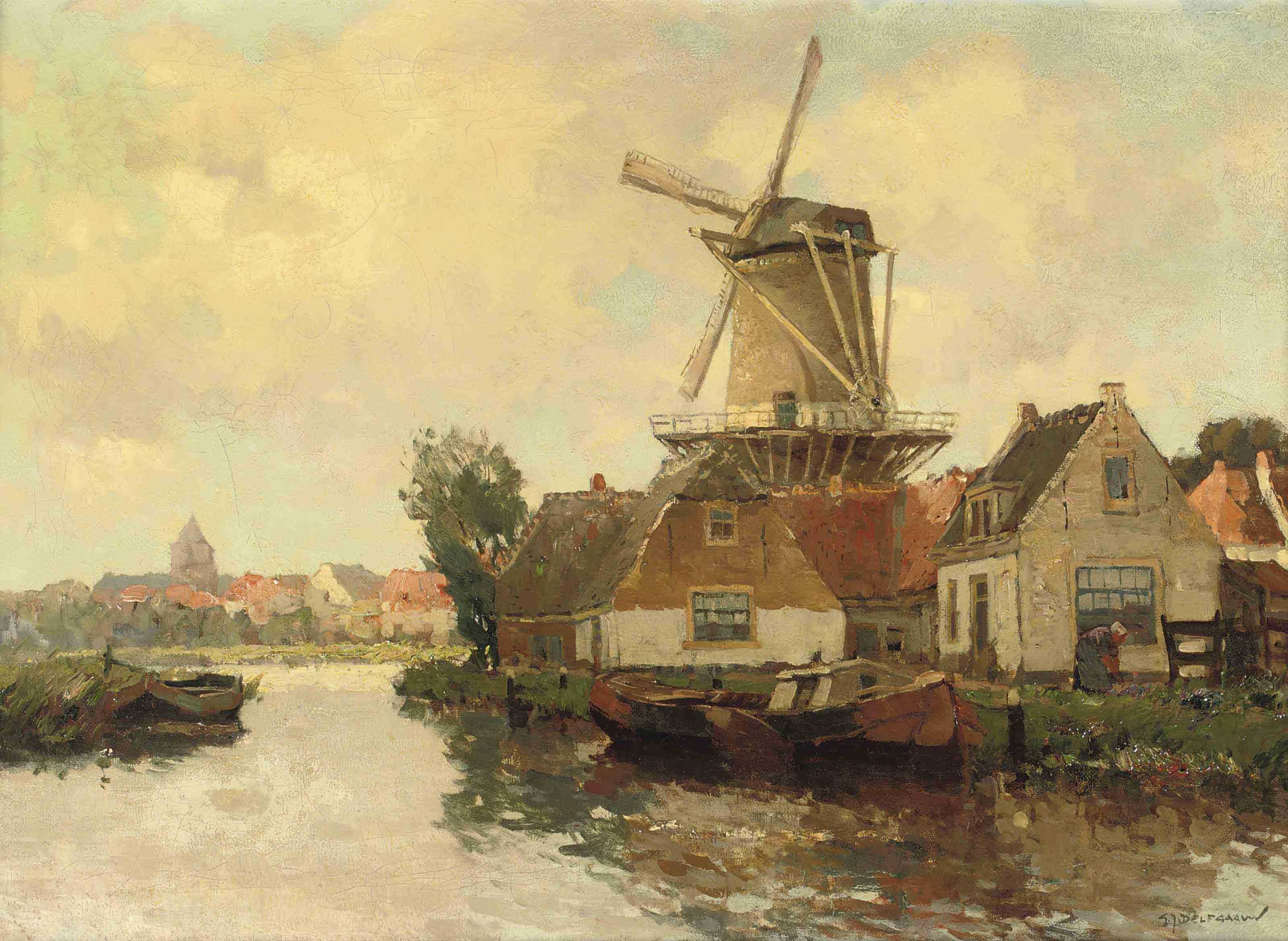 Gerard Delfgaauw - A Dutch town with a windmill