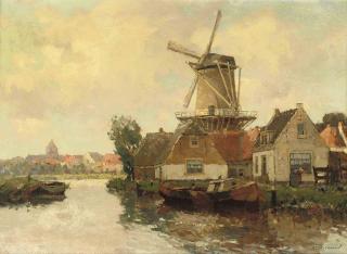 Gerard Delfgaauw - A Dutch town with a windmill
