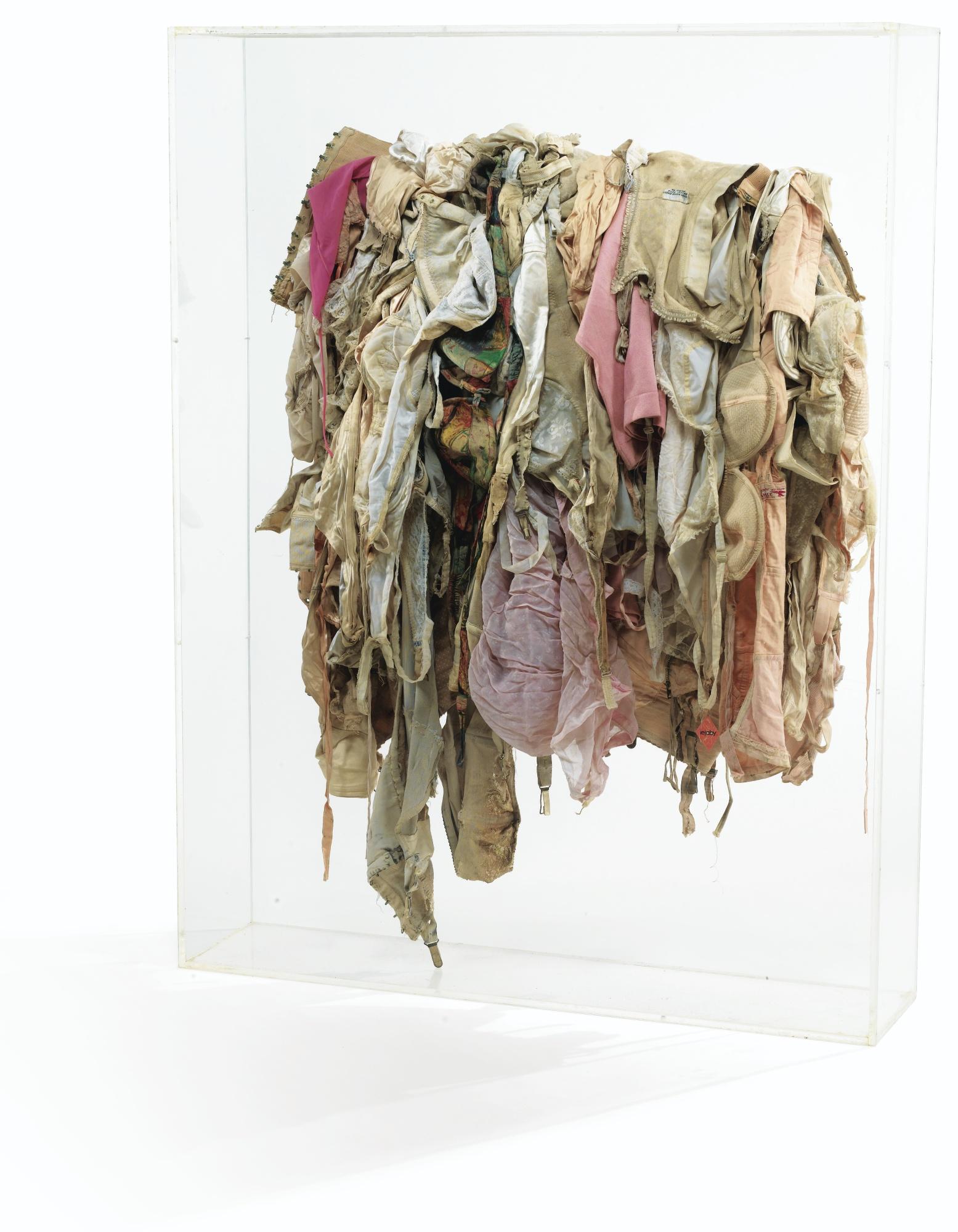 Gérard Deschamps - Filles-Lastexsigned, Titled And Dated 1961 On The Back; Woman Underwears On Wood Panel In A Plexiglass Box